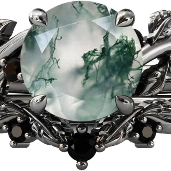 10K 14K 18K Solid Gold Natural Moss Agate Ring Set Inspired Leaf Moss Agate Enga - Picture 2 of 6